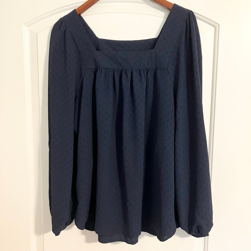 Wonderly Navy Blue Square Neck Blouse Long Raglan Sleeve Top Women's Sz PXL